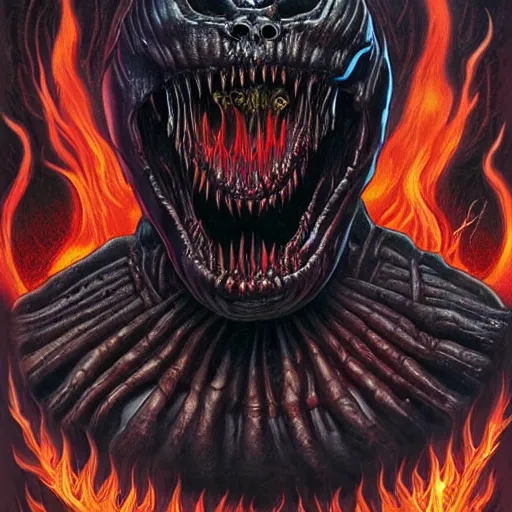 Prompt: doom giger venom demon portrait in hell, fire and flame , Pixar style, by Tristan Eaton Stanley Artgerm and Tom Bagshaw.