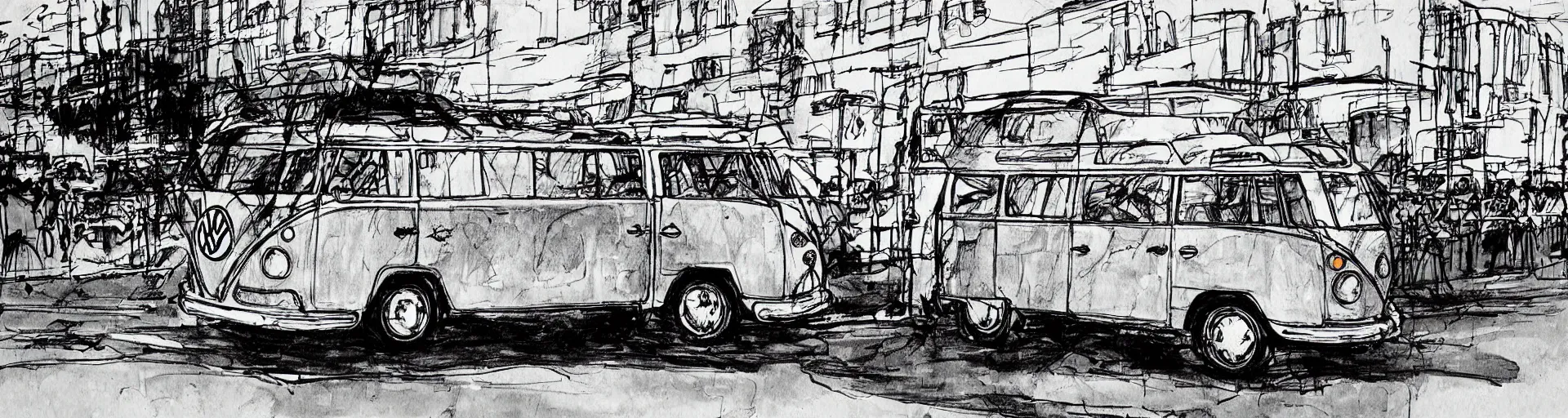 Prompt: a side view vw bus on a street, illustration by ashley wood