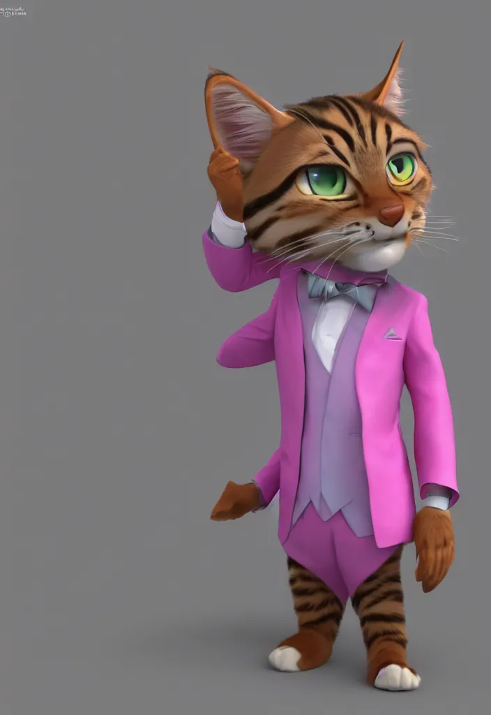 Image similar to 3d render , anthropomorphic male tabby cat,wearing a pink tux ,style of Zootopia, 8K HD Resolution, High quality image