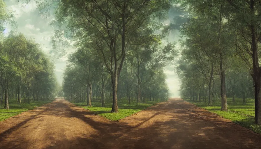 Prompt: a long tree-lined driveway leading up to a plantation, romanticism, hyperdetailed, artstation, cgsociety, 8k