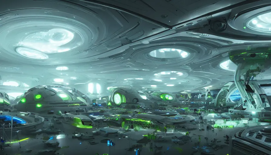 Image similar to White space alien research center with blue lights and white walls with green aliens working around, hyperdetailed, artstation, cgsociety, 8k