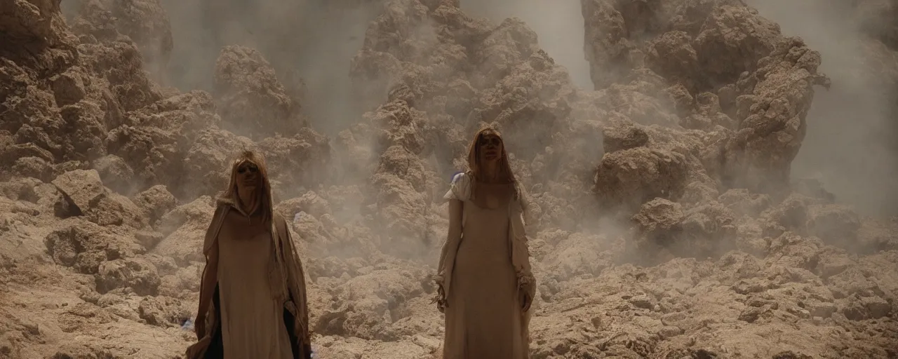 Image similar to The full body shot of beautiful pale woman with white flowers and full-face golden mask in a rocky desert landscape, a giant mirror and smoke around her, volumetric lighting, fire, multiple eyes and dry earth by Denis Villeneuve, Lubezki, Gaspar Noe and Christopher Doyle, anamorphic lens, anamorphic lens flares, kodakchrome, cinematic composition, practical effects, award winning photo, 8k