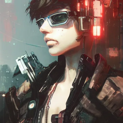 Image similar to highly detailed portrait of a post-cyberpunk young lady by Akihiko Yoshida, Greg Tocchini, 4k resolution