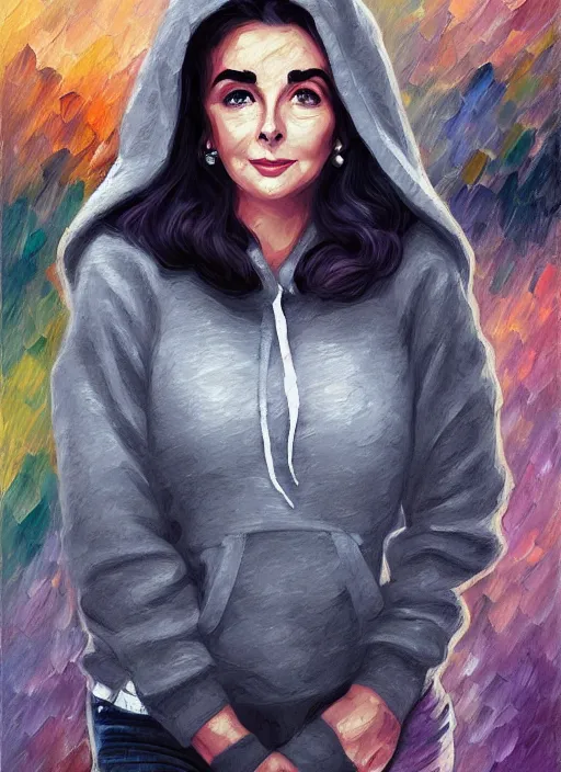 Prompt: elizabeth taylor, gray hoodie, jeans, tiara, half body shot, path traced, highly detailed, high quality, digital painting, alena aenami, leonid afremov, lilia alvarado, shinji aramaki, karol bak, alphonse mucha, tom bagshaw