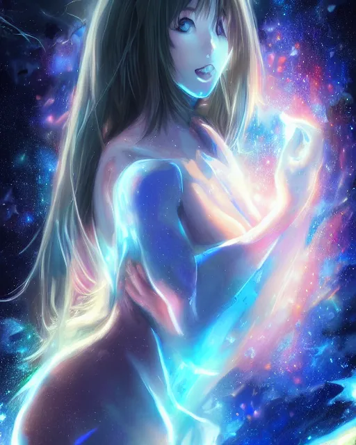 Image similar to A realistic anime portrait of a beautiful cosmic woman with glowing blue eyes and skin made of universes wearing clothes made of galaxies, digital painting, by Stanley Artgerm Lau, Sakimichan, WLOP and Rossdraws, digtial painting, trending on ArtStation, SFW version