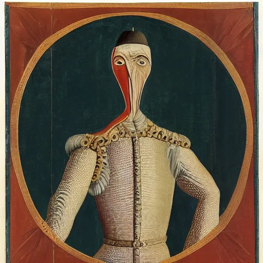 Image similar to portrait of an anthropomorphic ostrich dressed as an italian king, sandro bottecelli, 1 5 0 0