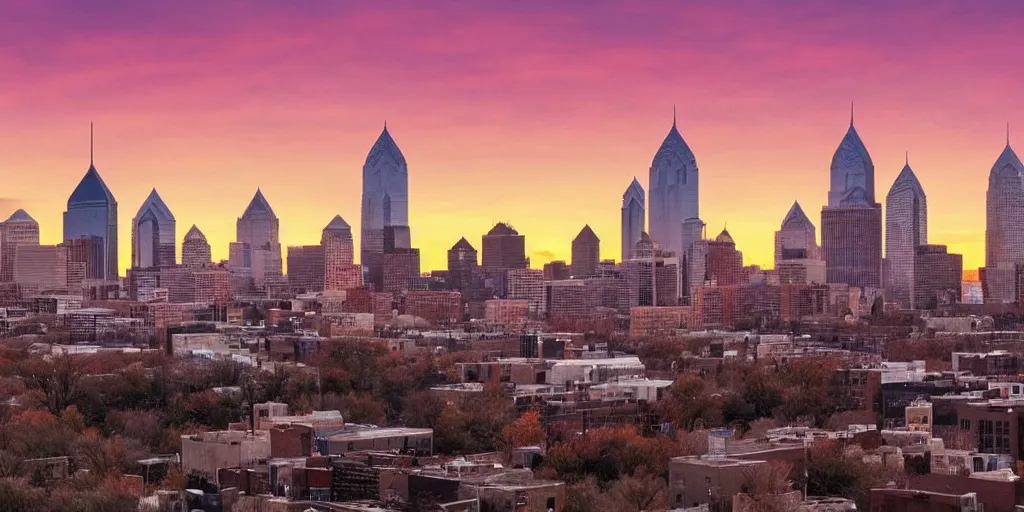 Prompt: post-apocalyptic philadelphia skyline at sunset, realistic