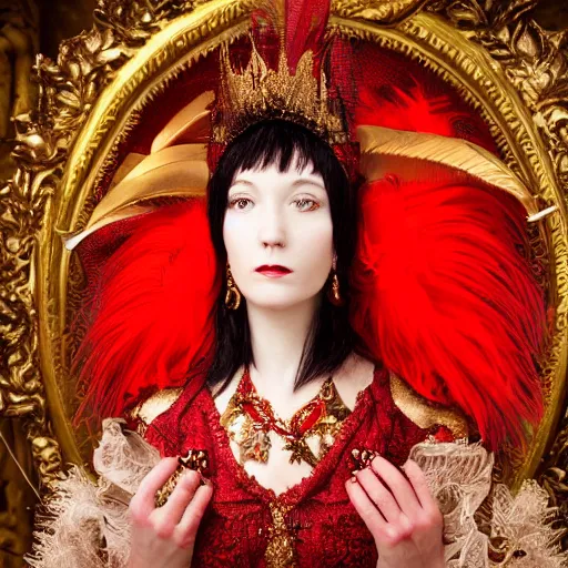 Prompt: portrait of a red monarch, sharp focus, black hair, baroque, rococo, full body, highly detailed, intricate, bird mask, white, regal clothing, gold ethereal light, high fantasy