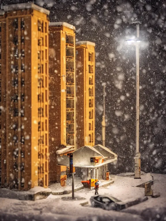 Image similar to mega detailed miniature diorama a soviet residential building, brutalism architecture, warm lights are on in the windows, man lies in the snow, dark night, fog, winter, blizzard, cozy and peaceful atmosphere, row of street lamps with warm orange light, several birches nearby