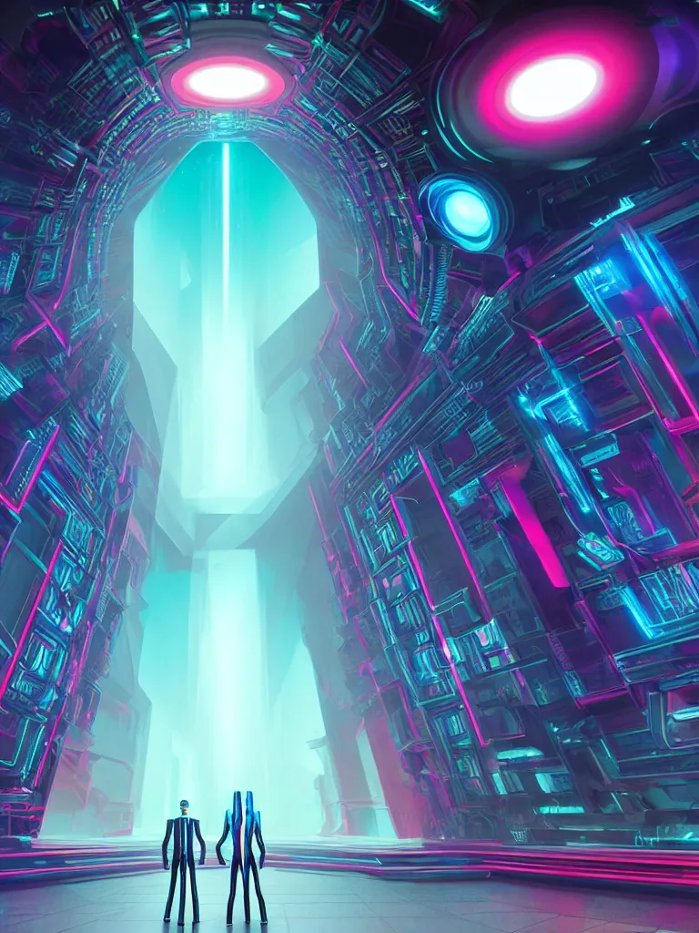 Image similar to symmetrical entrance to mainframe ethereal realm, ai sentient, octane render, symmetrical composition, dreamy colorful cyberpunk colors, 6 point perspective, fantasy landscape with anthropomorphic terrain in the styles of igor morski, jim warren and rob gonsalves, intricate, hyperrealistic, volumetric lighting, neon ambiance, distinct horizon