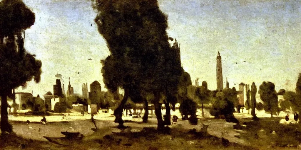 Image similar to The Invisible City by Calvino, painted by Camille Corot, oil on canvas