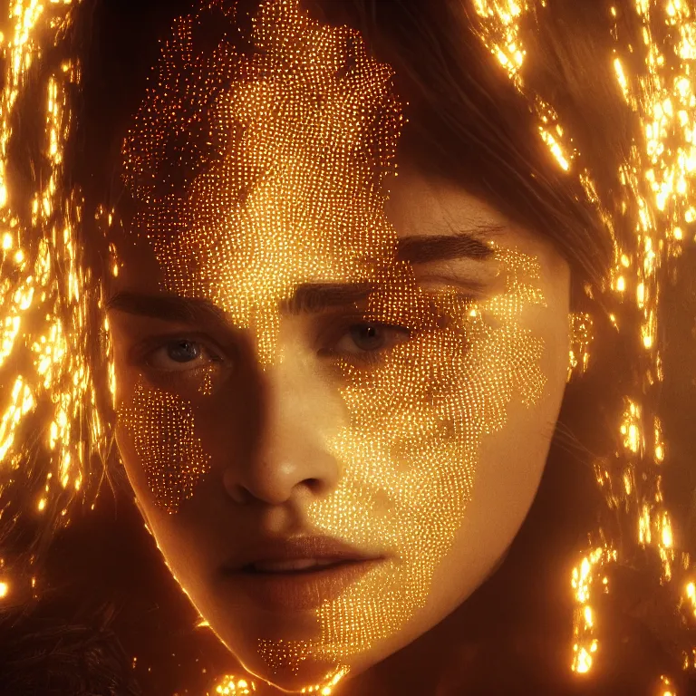 Image similar to emilia clarke covered in glowing lines, concept art, fantasy, extremely high detail, photorealism, octane render, 8 k