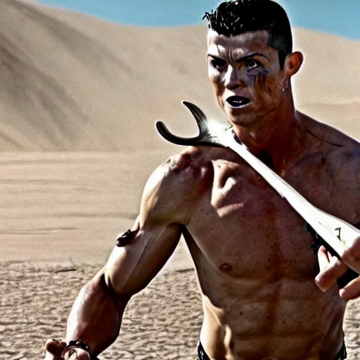 Prompt: cristiano ronaldo as the doof warrior in mad max fury road ( 2 0 1 5 ), movie still,