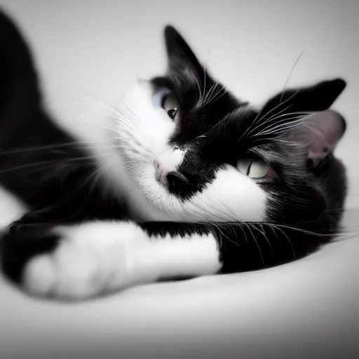 Image similar to black and white cat on a bed, black lower jaw, digital art, artstation, 8K, high quality, hyperdetalied,