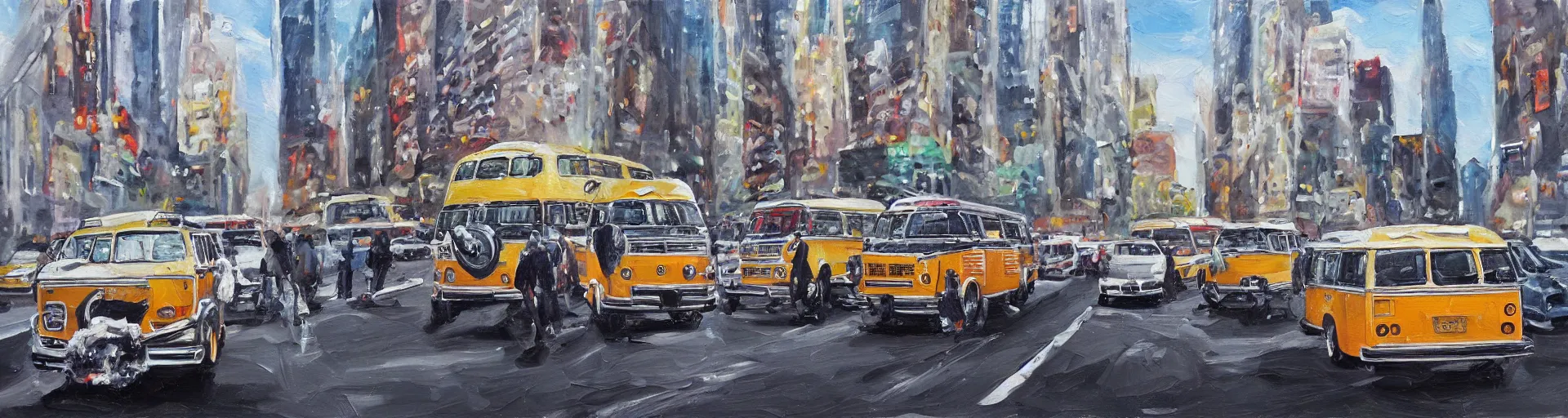 Prompt: a detailed oil painting of vw buses in new york city