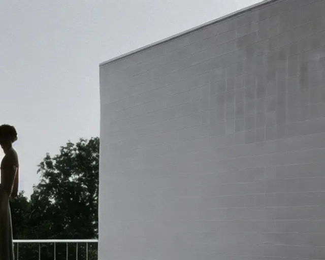 Prompt: a still of a woman standing behind a huge white balcony of a minimalist house, outside view, clear sky, minimalist composition, in the music video Wrapped Around your Finger (1983)