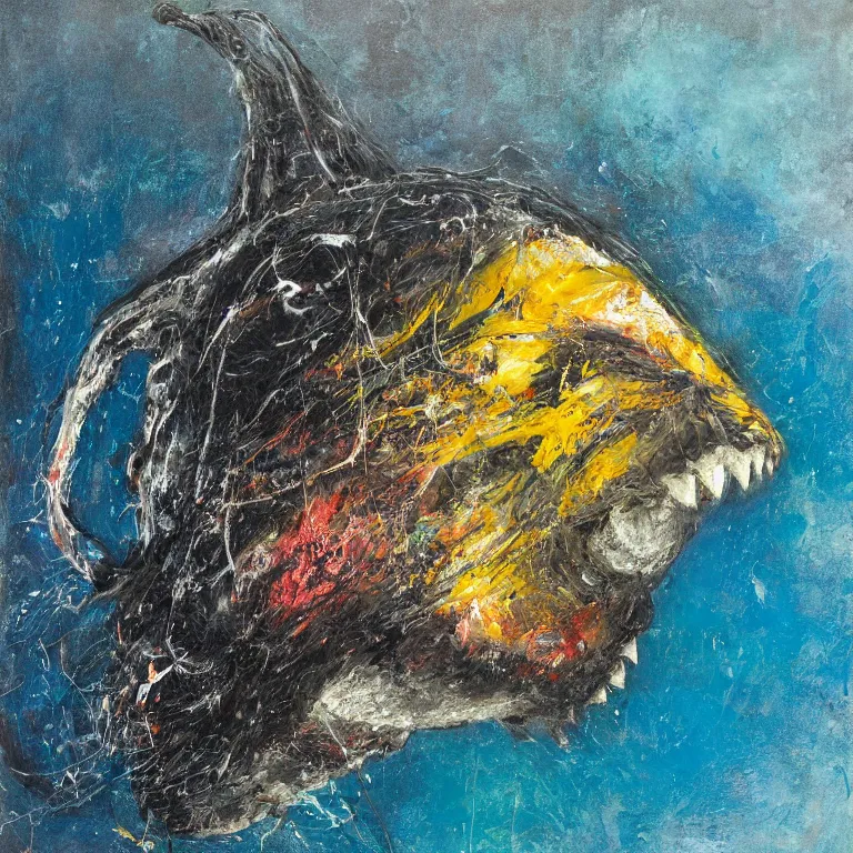 Image similar to Hyperrealistic Studio Photograph of a deep sea humpback anglerfish deep underwater in darkness, award-winning nature deep sea expressionistic impasto oil painting by Cy Twombly and Tim Hawkinson vivid colors hyperrealism 8k