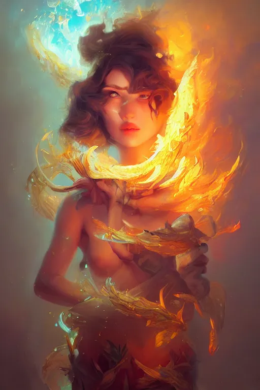 Prompt: beautiful princess with face covered with fire, diamonds, angel, fantasy, yellow background beam, dramatic lighting, highly detailed, digital painting, magic the gathering, 3 d render, hyper realistic detailed portrait, peter mohrbacher, wlop, ruan jia