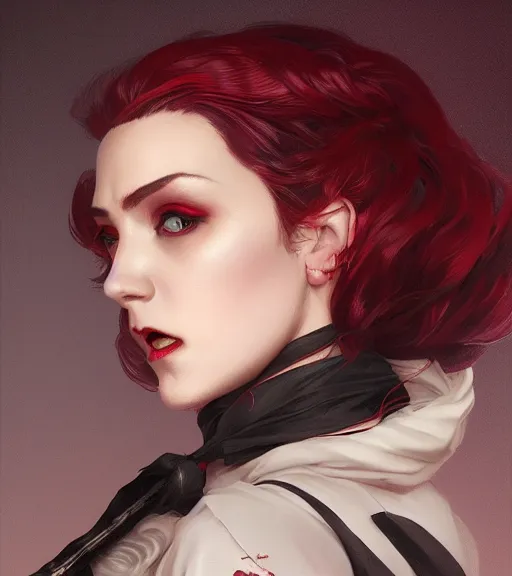 Prompt: a female vampire a golden waistcoat, red shirt, grey hair, red necktie, cinematic, stunning, highly detailed, digital painting, artstation, smooth, hard focus, full body shot, illustration, art by artgerm and greg rutkowski and alphonse mucha