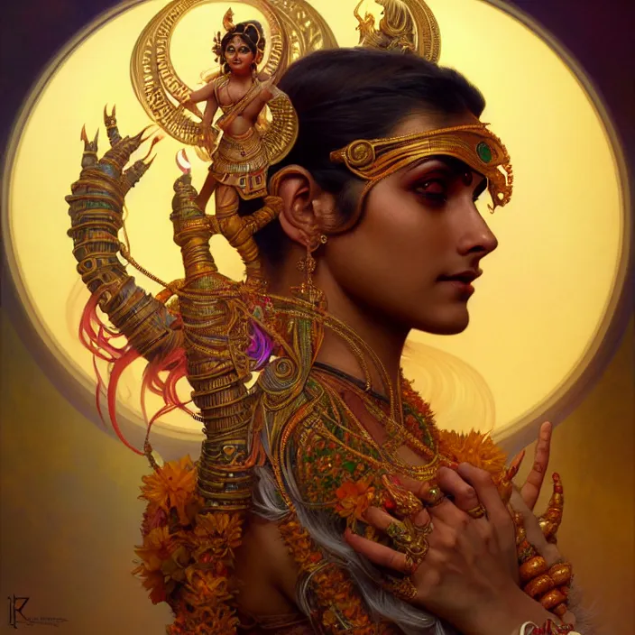 Image similar to hindu cyborg, lakshmi, diffuse lighting, fantasy, intricate, elegant, highly detailed, lifelike, photorealistic, digital painting, artstation, illustration, concept art, smooth, sharp focus, art by john collier and albert aublet and krenz cushart and artem demura and alphonse mucha