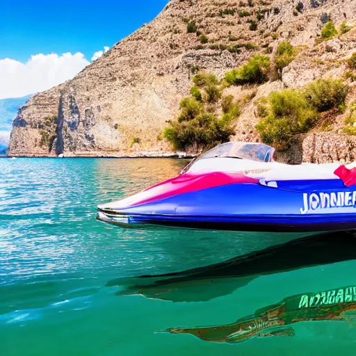 Prompt: a beautiful jet boat on the lake, Greece, in the style of Miami vice, reflective, clear water, cliffs, beach, sunset