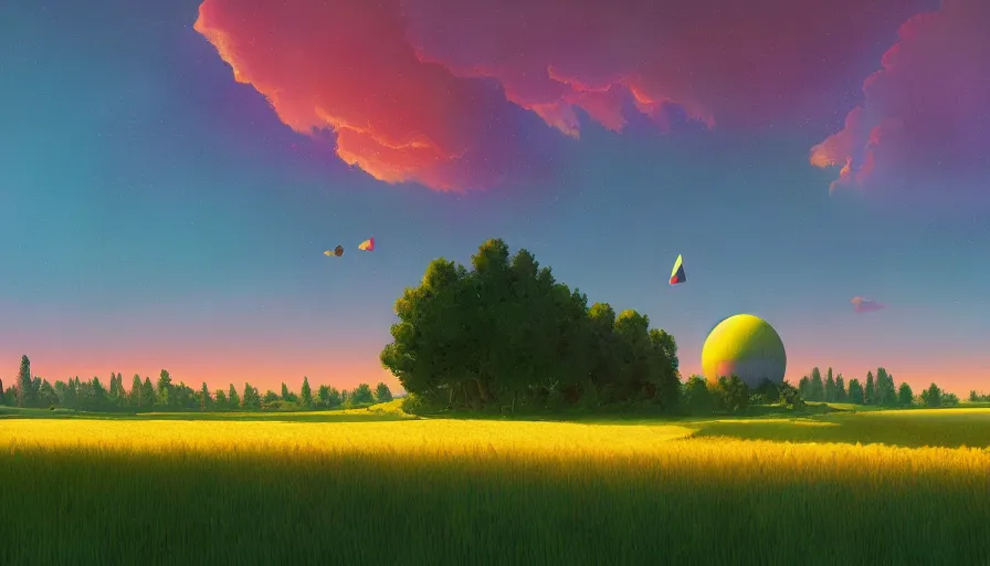 Image similar to colourful sky, wheat field, radio telescope, big trees, matte painting, art station, digital art, simon stalenhag