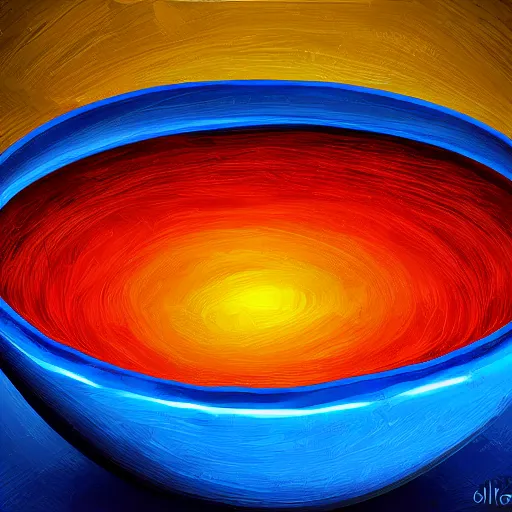 Image similar to boiling imagination in a bowl, ultra detailed, digital painting, dark blue, yellow, orange, red