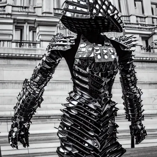 Image similar to Battle armor designed by Frank Gehry, fashion photography