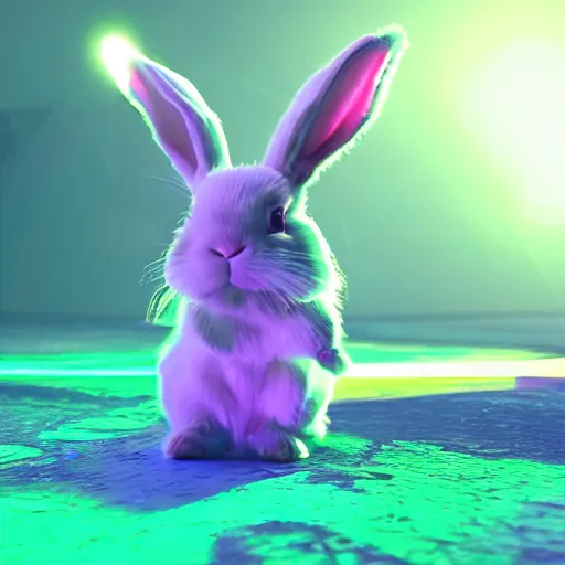 Image similar to neon fluorescent, iridescent cute bunny rabbits with fairy wings cyperpunk 2 0 7 7, unreal engine 5, 8 k ultra realistic, hyperdetailed, volumetric lighting, extremely high quality