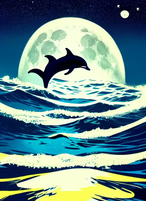 Prompt: dolphin jumping out of the ocean, splashing water, full moon, night stars, wallpaper aesthetic, beautiful, cinematic, dramatic, super detailed and intricate, 4 k render, by koson ohara, by darwyn cooke, by satoshi kon