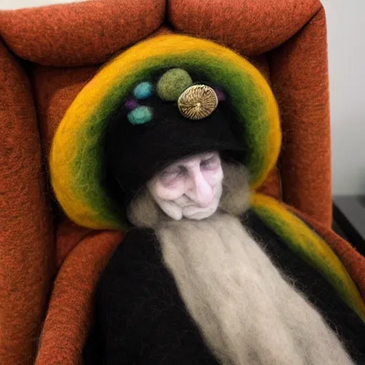 Image similar to photo of a life sized needle - felted 2 0 0 year old crone in a needle felted lounge room