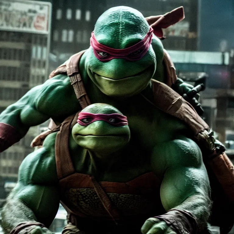 Image similar to hyper realistic teenage mutant ninja turtle movie still, gritty, realistic, noir, fight scene,