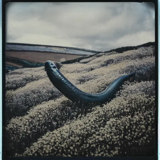 Prompt: polaroid photo of a sea serpent in the heather on the north yorkshire moors