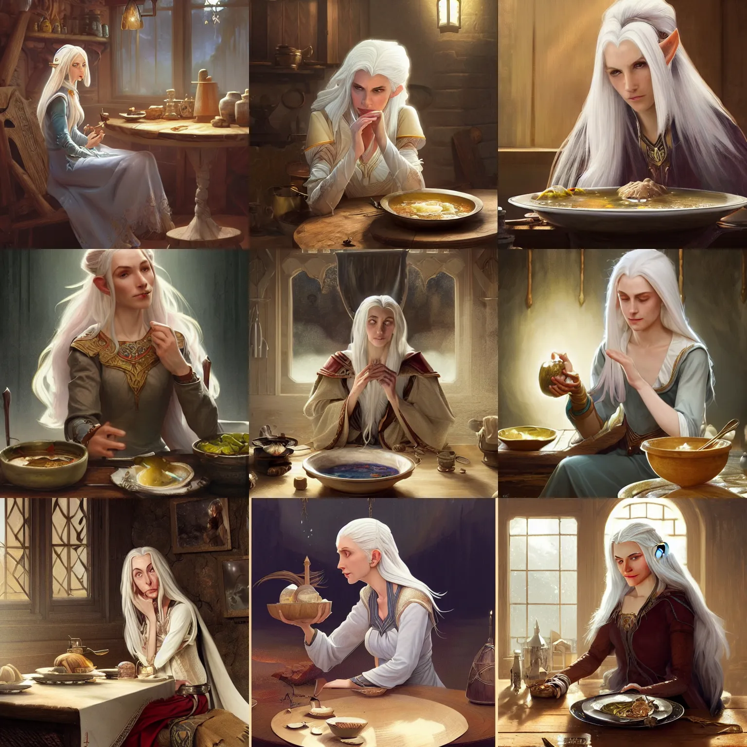 Prompt: a graceful noble female high - elf wizard with white hair sitting at a wooden table in a cabin looking sceptically at a bowl of stew, fantasy, highly detailed, digital painting, artstation, concept art, character art, art by greg rutkowski and tyler jacobson and alphonse mucha