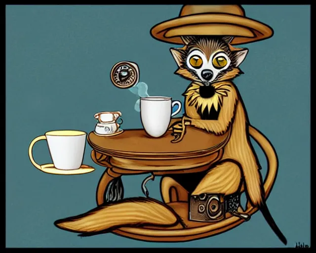 Image similar to an steampunk lemur having a cup of tea, by jim woodring