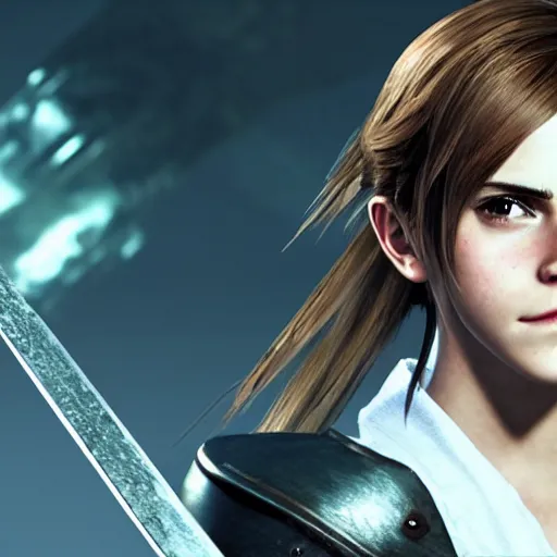 Image similar to emma watson in final fantasy vii remake, character render, full body shot, highly detailed, in game render