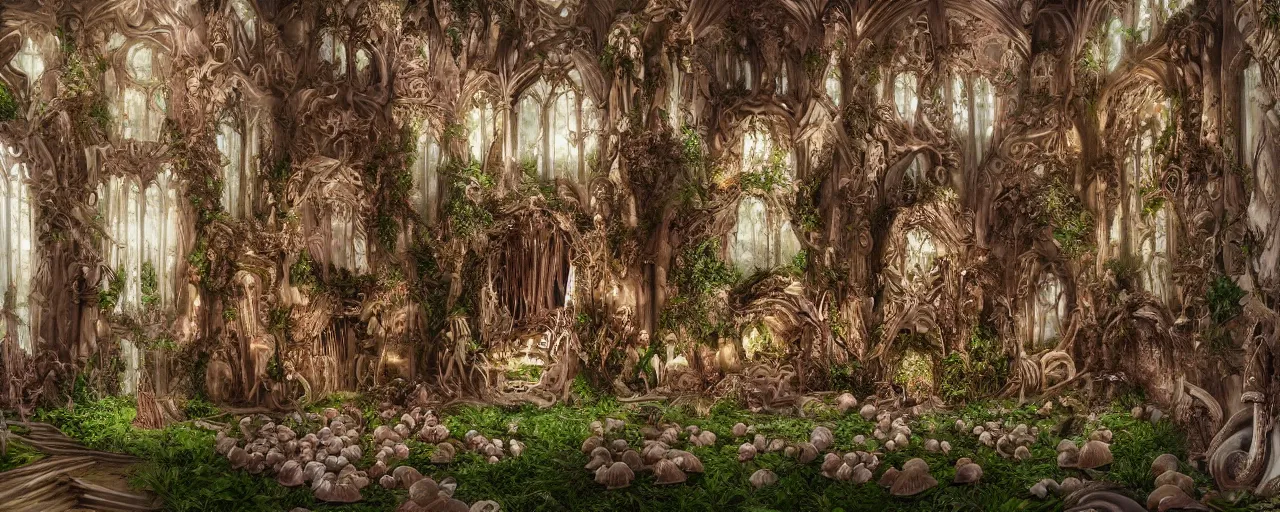 Image similar to hyperrealistic photo of the unseelie court gothic throne room mushrooms and flora