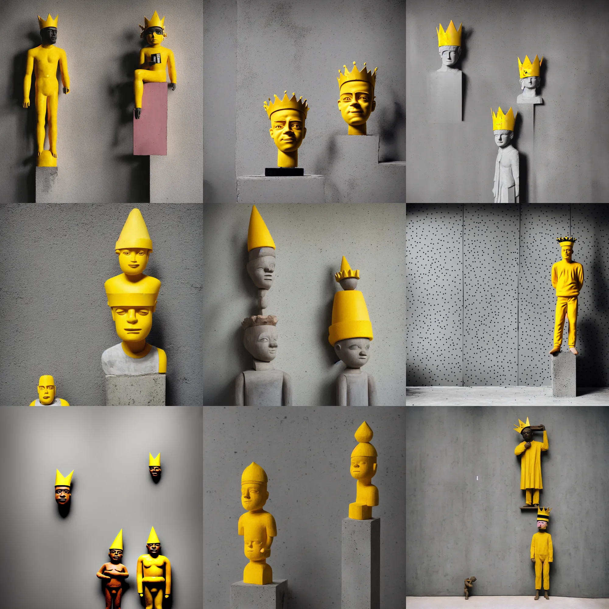 Image similar to kodak portra 4 0 0, 8 k, shot of a highly detailed, britt marling style, colour still - life portrait of a large minimalistic room, rough concrete walls, the wooden statue of a yellow black striped little man with pink crown on his head