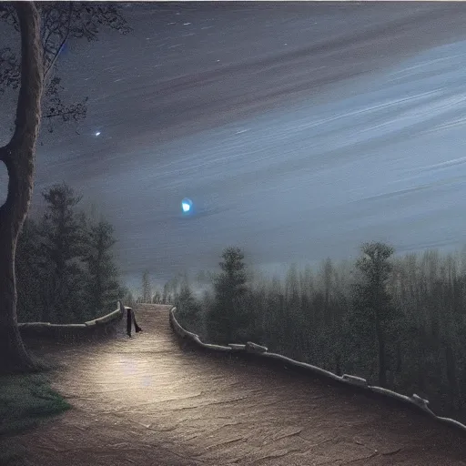 Image similar to matte painting of a tabby cat walking on a path in a dark moonlit Maine forest, serene, highly detailed, by caravaggio and alan lee, trending on artstation, 4k