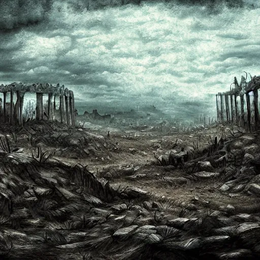 Prompt: a ruined and desolete landscape, painting, digital art, harsh lighting, dark, scary, grotesque