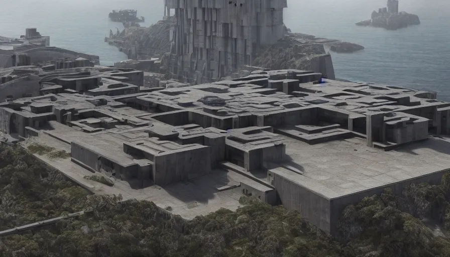 Prompt: big brutalist imperial military base on cliffs, drawing architecture, very long shot, top angle, imperial architecture in rogue one, pritzker architecture prize, brutalism architecture, jan urschel, roger deakins