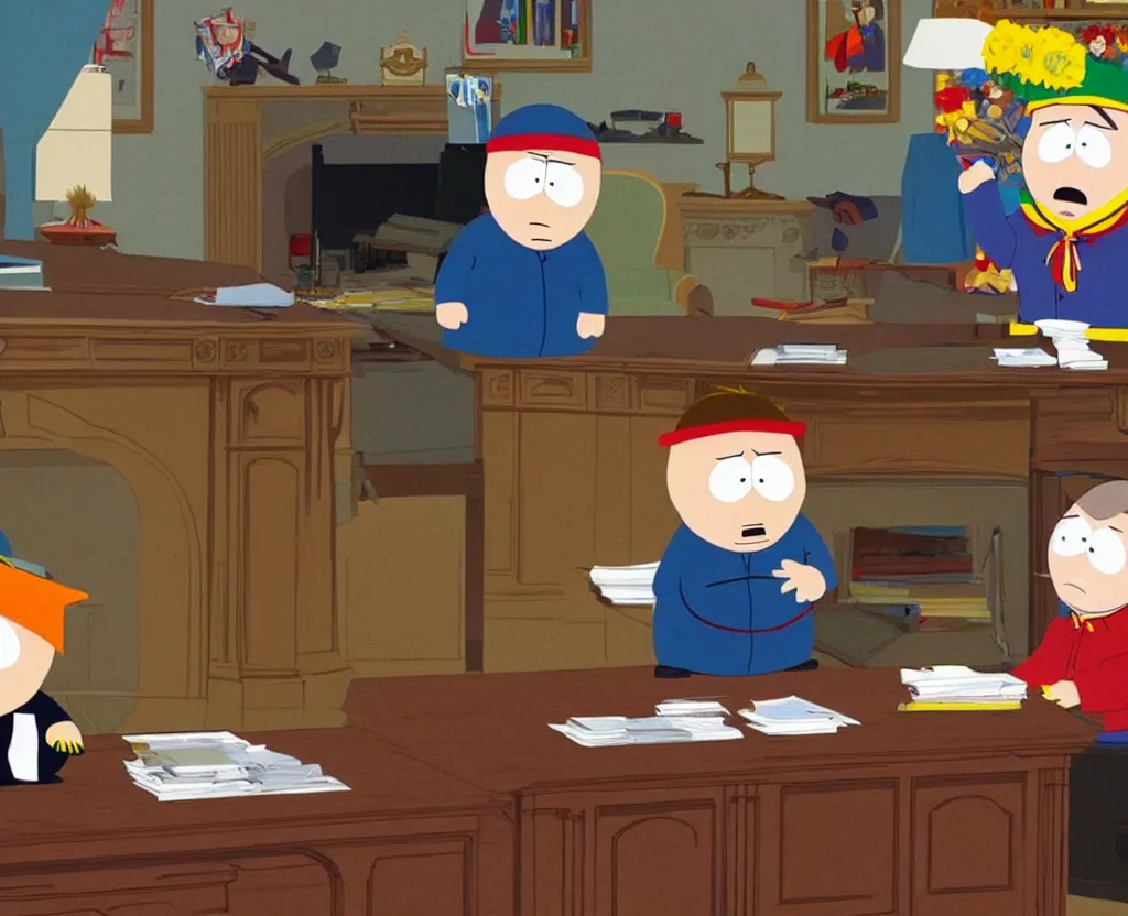 Prompt: South Park Eric Cartman shaking hands with Richard Nixon in front of Resolute Desk in the Oval Office