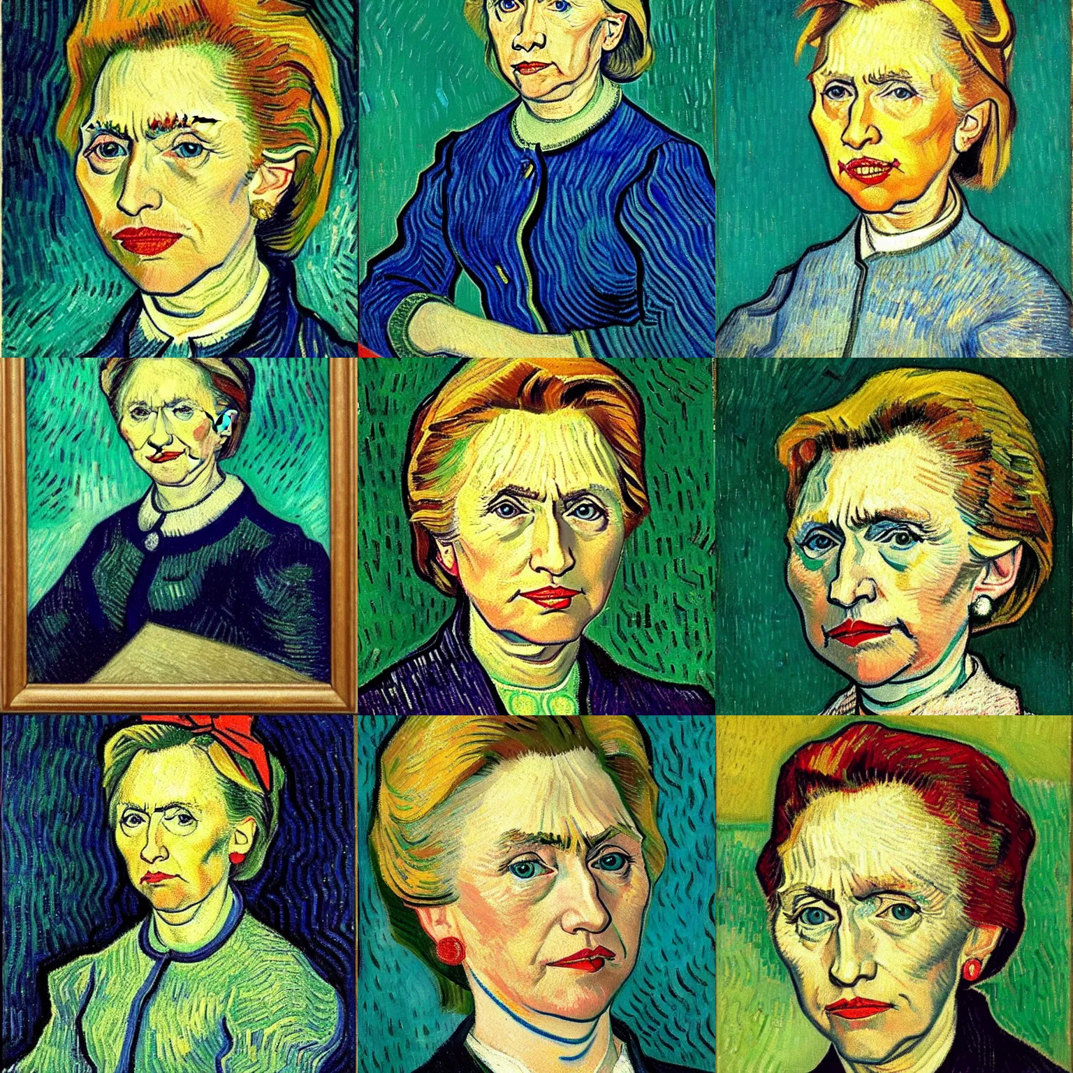 Prompt: detailed portrait of hillary clinton, painted by vincent van gogh, oil on canvas, 1 8 8 9.