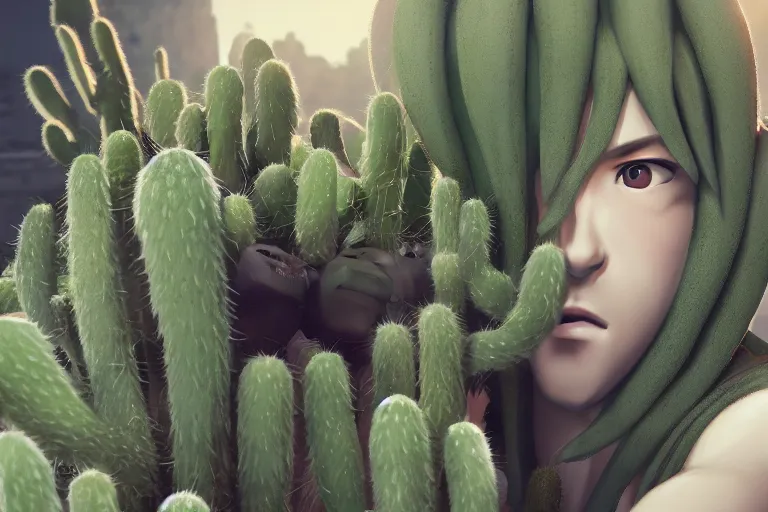 Image similar to beautiful anime of harry kane hugging a tall cactus, highly detailed, realistic, dynamic lighting, octane render, cinematic, masterpiece, trending on artstation,