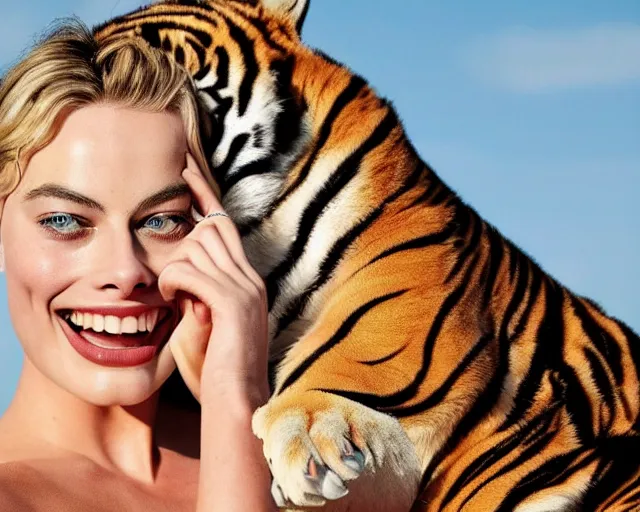 Prompt: A photo of margot robbie riding a tiger, highly detailed, close-up shot, detailed face, beautiful face, blue eyes, 4k, hd, sharp, cinematic