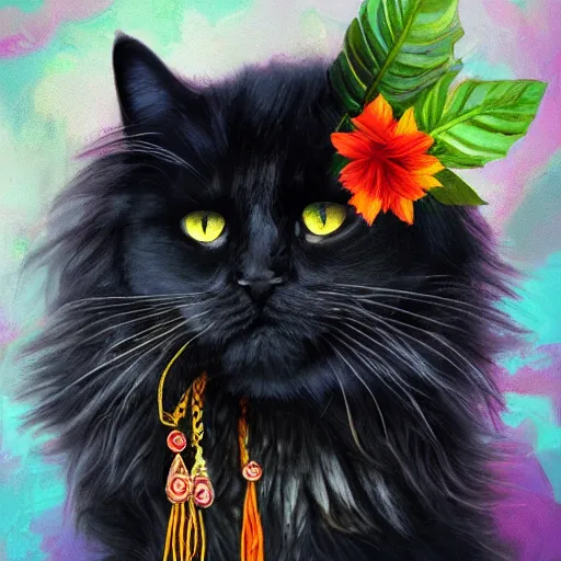 Prompt: oil painting portrait of a long haired fluffy black Cat wearing flower crown and lei necklace on tropical island background digital Art, concept Art, highly detailed, 3-D 4K, trending on art station, Mark Brooks,