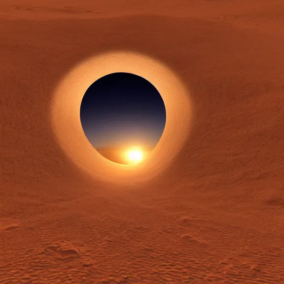 Image similar to a circular portal opened in an empty field showing an astronaut on the surface of mars on the other side. hyper realistic, 4 k