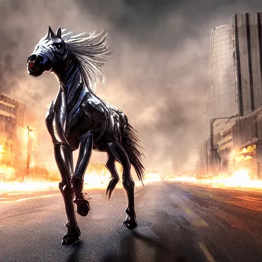 Image similar to apocalyptic, a terminator horse walking on the future street. smoke. volumetric lighting, sharp focus, ultra detailed, cgsociety - w 1 0 2 4 - n 8 - i