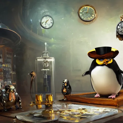 Prompt: oil painting of grumpy rich steampunk penguin, wearing top hat, holding gold watch, steampunk factory background, hamster running in the background, sharp focus, fantasy style, octane render, volumetric lighting, 8k high definition, by greg rutkowski, highly detailed, trending on art Station, magic the gathering artwork, centered