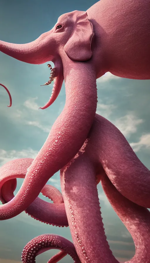 Image similar to A octopus centered-photograph of a pink elephant, film still, dynamic action pose, National Geographic, insane detail, intricate, highly detailed, Zeiss Lens, DSLR photography, smooth, sharp focus, Unreal Engine 5, Octane Render, Redshift, 8K